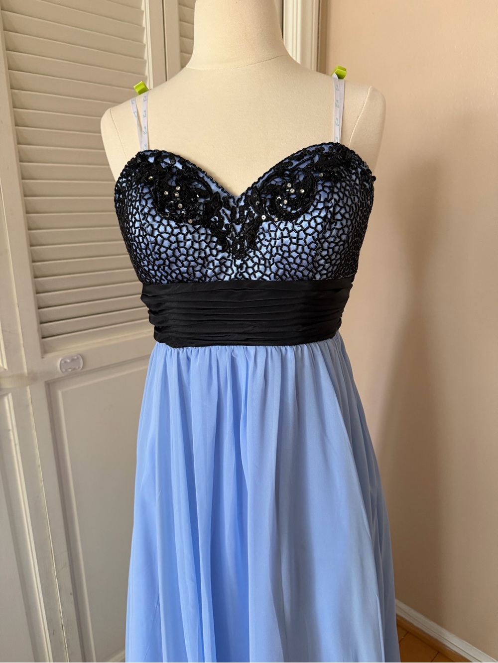 Strapless Camille La Vie Light Blue Chiffon Maxi with Black Beaded Bodice
